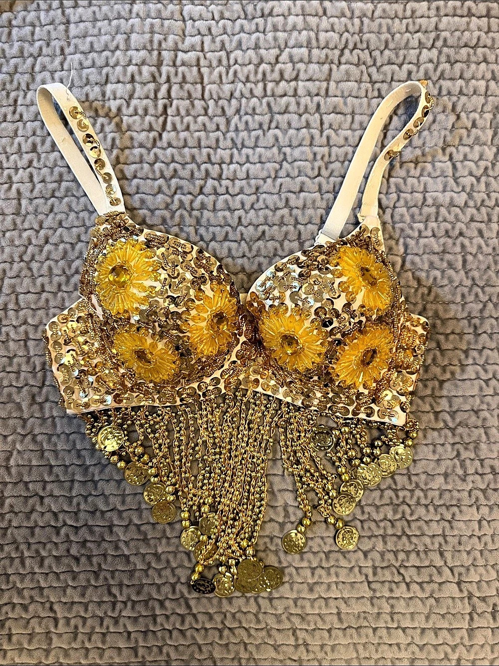Frederick's of Hollywood Sequin Fringe Bra Gold White Size 34/75C